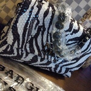 Zebra Print Sequin Bag with Black Pearl Strap